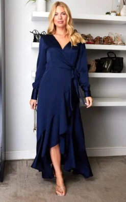 Long Sleeve Asymmetrical Maxi Wrap Dress In Navy