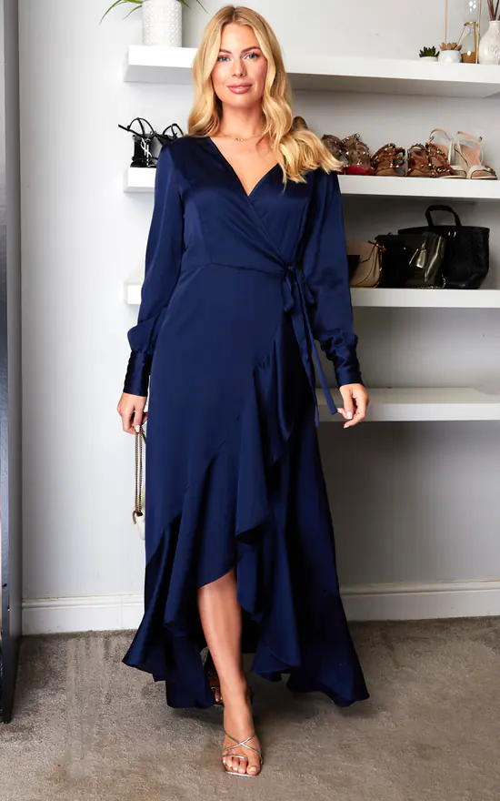 Long Sleeve Asymmetrical Maxi Wrap Dress In Navy