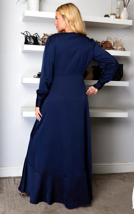 Long Sleeve Asymmetrical Maxi Wrap Dress In Navy - Image 4
