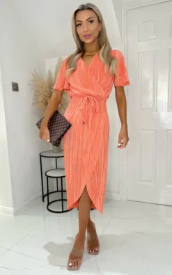 AX Paris Peach Wrap Top Belted Short Sleeve Plisse Midi Dress