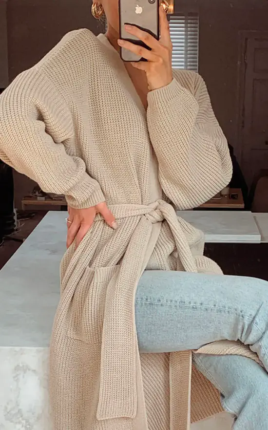 Arden Midi Tie Cardigan Light Beige - Image 3