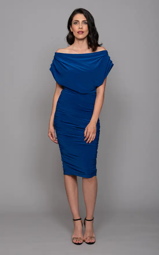 Oxygen Dress – Off Shoulder Ruched Bodycon – Cobalt