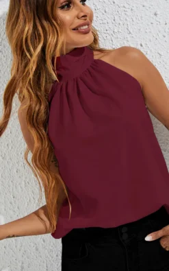 Halter Neck Tie Back Top In Burgundy