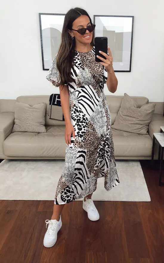 Britney Angel Sleeve Split Leg Midi Dress White Animal Print - Image 2