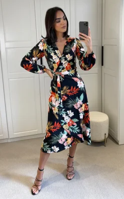 Wrap Dress With Long Sleeves And Belt Fastening In Multicolour Floral Print