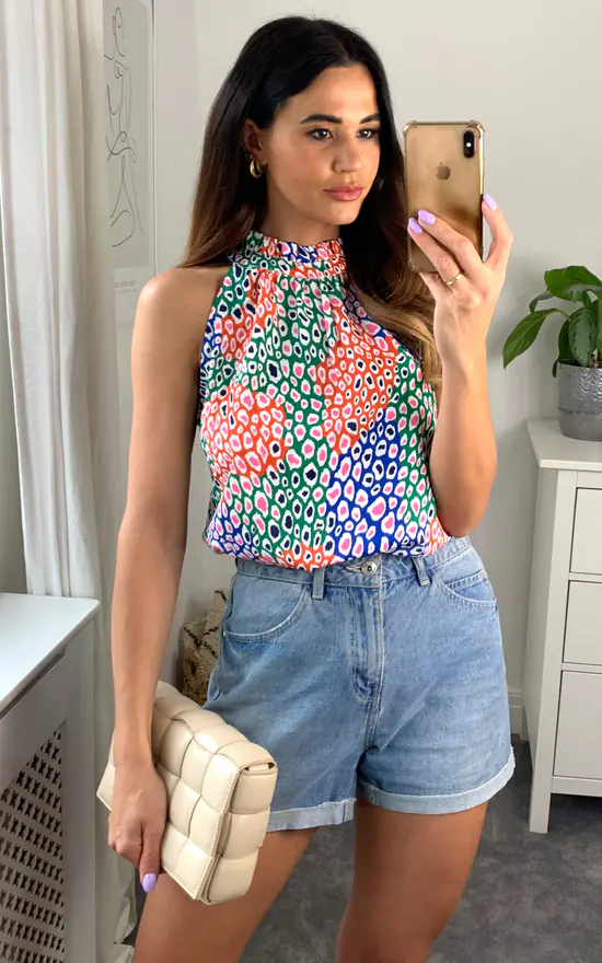 Sleeveless Leopard Print Halter High Neck Top In Multicolour
