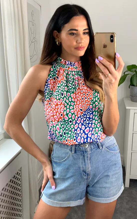 Sleeveless Leopard Print Halter High Neck Top In Multicolour - Image 2