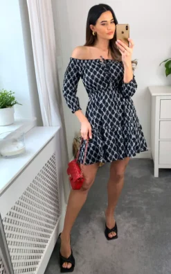 Bardot Embroidery Dress With Long Sleeves In Black And White