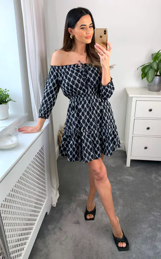 Bardot Embroidery Dress With Long Sleeves In Black And White - Image 3