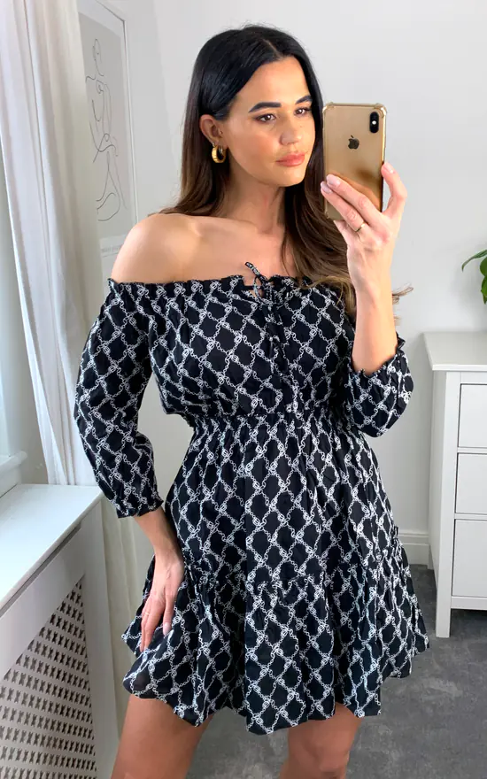 Bardot Embroidery Dress With Long Sleeves In Black And White - Image 2