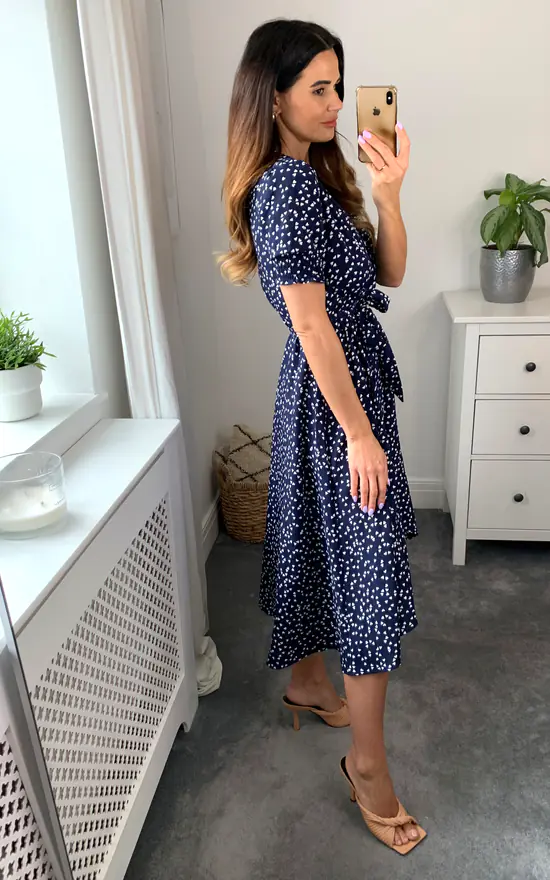 Navy Heart Print Smock Wrap Midi Dress - Image 3