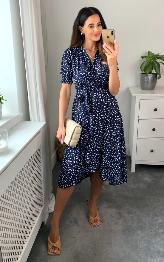 Navy Heart Print Smock Wrap Midi Dress - Image 2