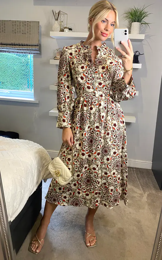 Multicolour Floral Long Sleeves Midi Dress With Fill Detail And Covered Buttons - Image 2