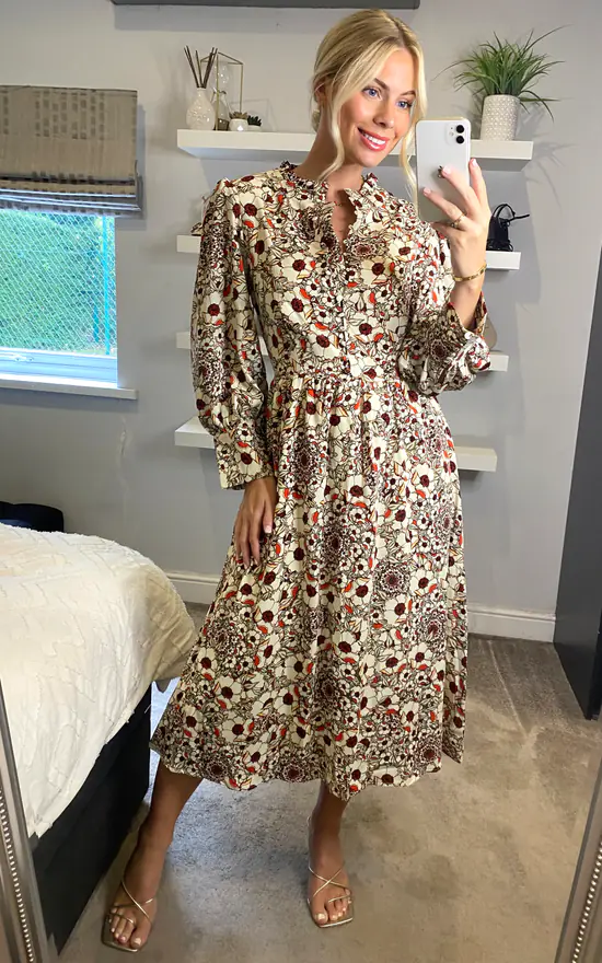 Multicolour Floral Long Sleeves Midi Dress With Fill Detail And Covered Buttons