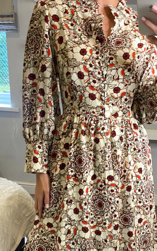 Multicolour Floral Long Sleeves Midi Dress With Fill Detail And Covered Buttons - Image 3