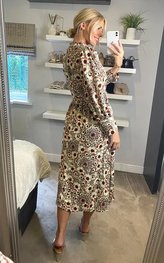 Multicolour Floral Long Sleeves Midi Dress With Fill Detail And Covered Buttons - Image 4