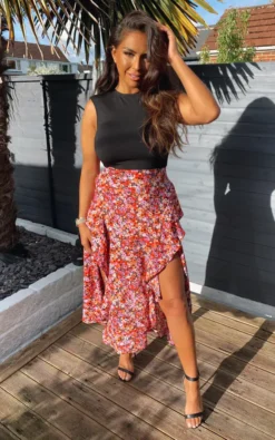 AX Paris Red Printed Skirt 2 In 1 Midi Dress