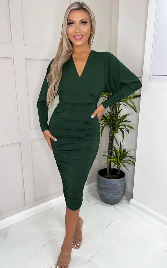 AX Paris Forest Green Ruched Wrap Top Midi Dress - Image 2