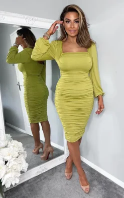 AX Paris Lime Square Neck Ruched Long Sleeve Midi Dress