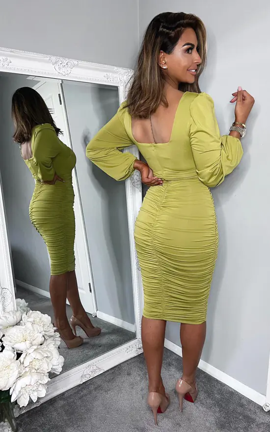 AX Paris Lime Square Neck Ruched Long Sleeve Midi Dress - Image 3