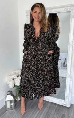 AX Paris Black Heart Printed Tie Waist Midi Shirt Dress