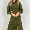 AX Paris Khaki Animal Print Long Sleeve Ruffle Front Midi Dress