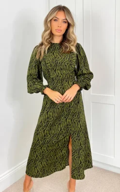 AX Paris Khaki Animal Print Long Sleeve Ruffle Front Midi Dress