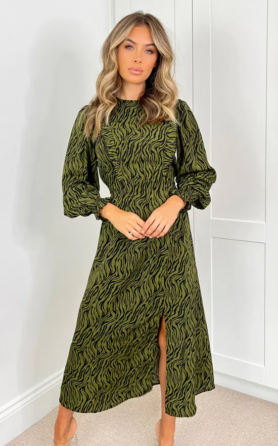 AX Paris Khaki Animal Print Long Sleeve Ruffle Front Midi Dress