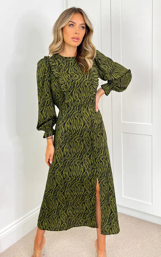AX Paris Khaki Animal Print Long Sleeve Ruffle Front Midi Dress - Image 2