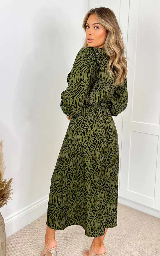 AX Paris Khaki Animal Print Long Sleeve Ruffle Front Midi Dress - Image 3