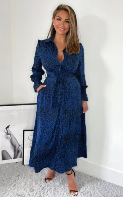 AX Paris Blue Animal Print Long Sleeve Belted Shirt Dress