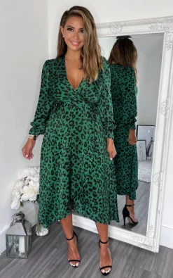 AX Paris Green And Black Animal Printed Wrap Over Midi Dress