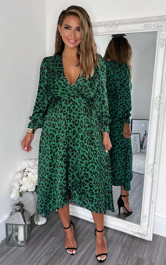 AX Paris Green And Black Animal Printed Wrap Over Midi Dress