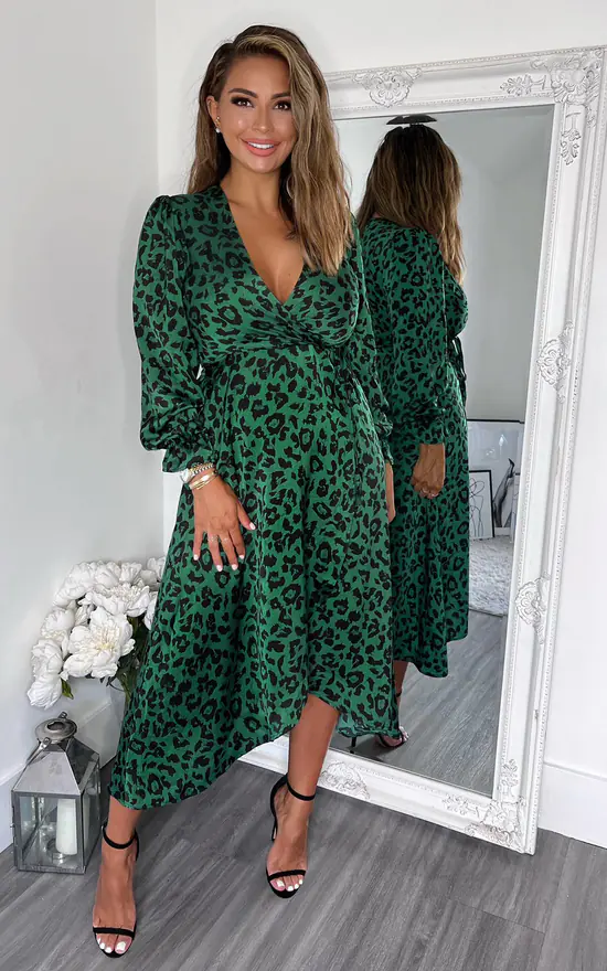 AX Paris Green And Black Animal Printed Wrap Over Midi Dress - Image 2