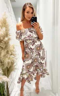 AX Paris Cream Paisley Printed Bardot Style Midi Dress