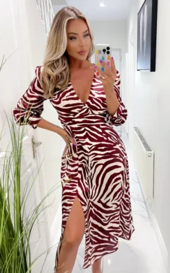 AX Paris Burgundy Animal Print V Neck Midi Dress With Split