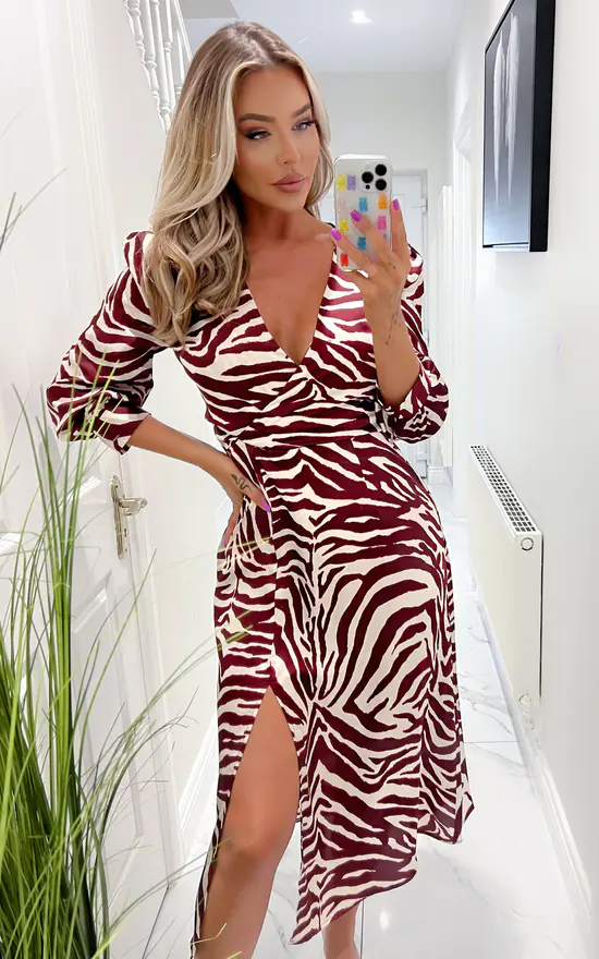 AX Paris Burgundy Animal Print V Neck Midi Dress With Split