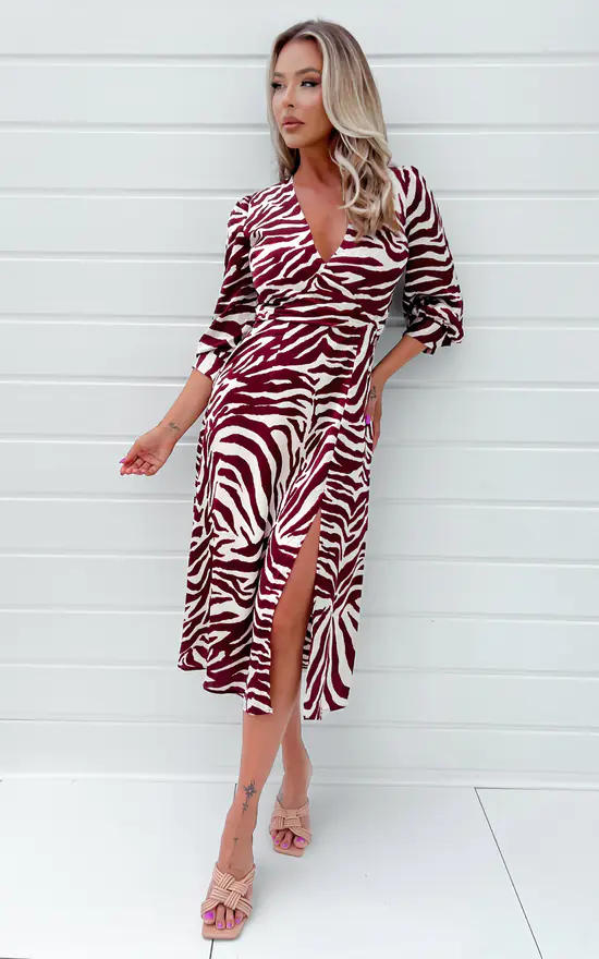 AX Paris Burgundy Animal Print V Neck Midi Dress With Split - Image 2