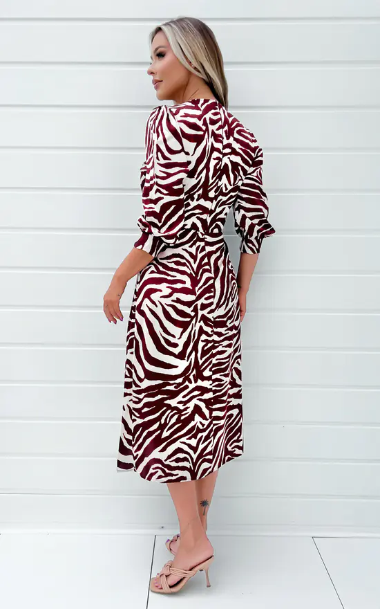 AX Paris Burgundy Animal Print V Neck Midi Dress With Split - Image 3