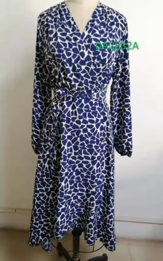Animal Print Long Sleeve Wrap Dress And Belt Fastening In Blue - Image 4