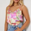 Pink And Yellow Floral Print Satin Cami Top