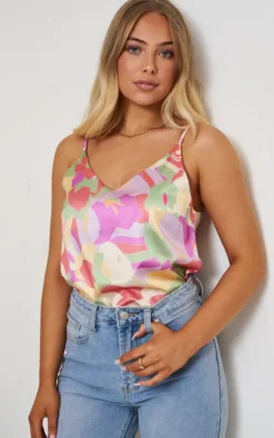 Pink And Yellow Floral Print Satin Cami Top