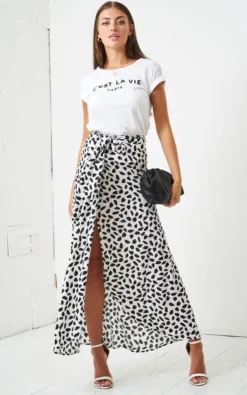 White And Black Leopard Print Maxi Wrap Skirt