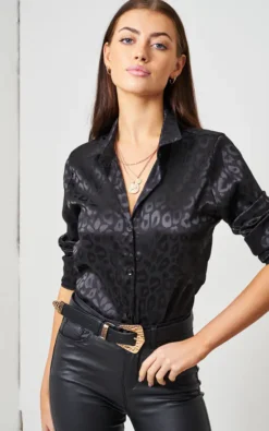 Black Jacquard Leopard Print Satin Shirt