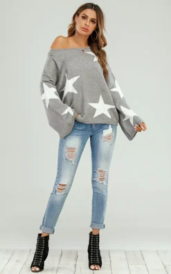 Wide Sleeve Oversize Grey Jumper With White Star