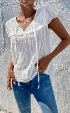 Flocked Tulle Sheer Top In White