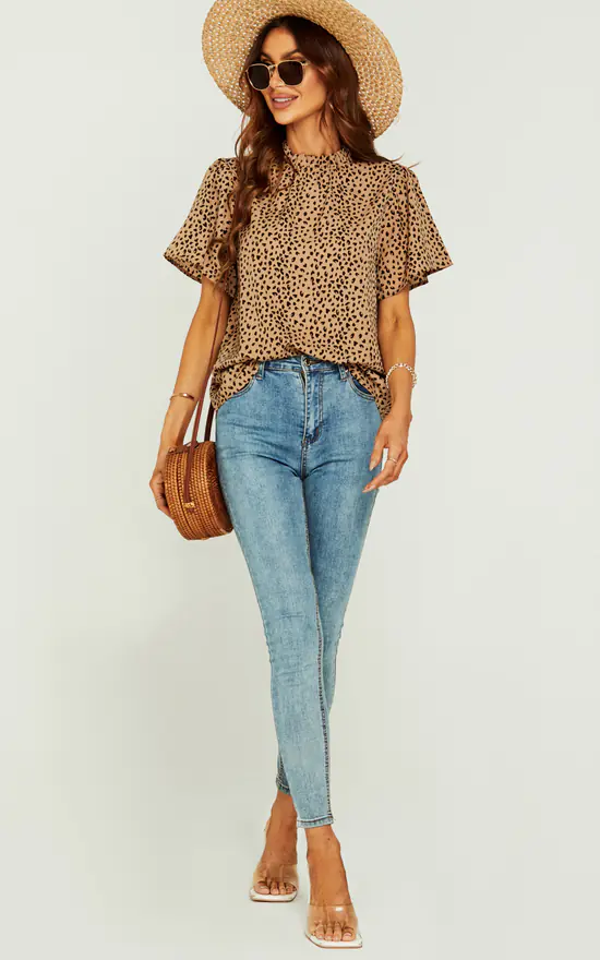 Little Heart Print Angel Sleeve High Neck Top/Blouse In Beige - Image 2