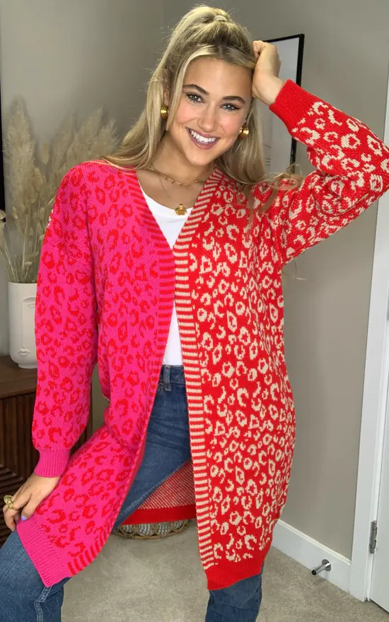 Quinn Mixed Print Long Cardigan Red/Pink - Image 4