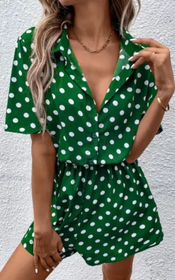 Relaxed Button Down Playsuit In Green With White Polka Dot Print