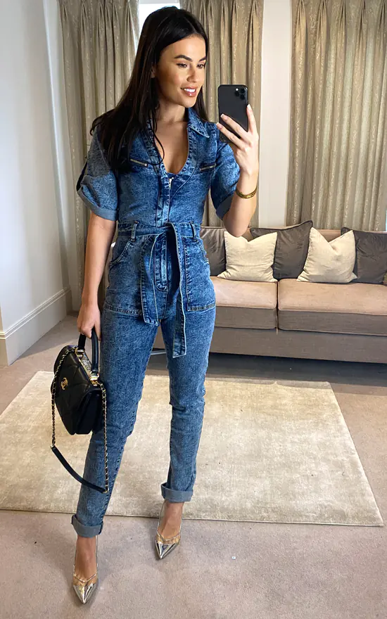 Stretch Turn Up Sleeve Denim Zip Jumpsuit In Blue Acid Wash - Image 2